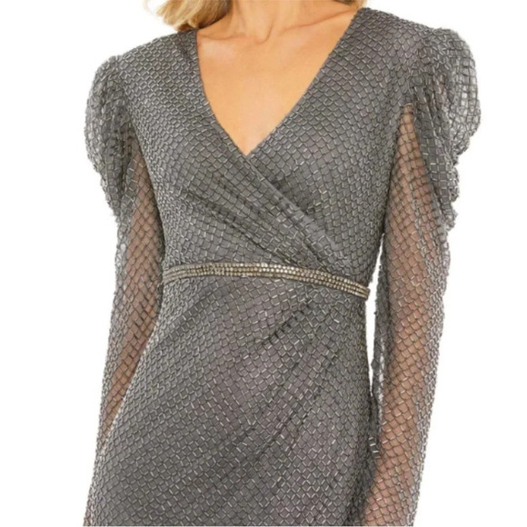 NWT Mac Duggal Charcoal 94674 Beaded Wrap Over Puff Sleeve Midi Gown 12 - Picture 3 of 12
